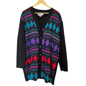 Vintage Top Notch Geometric Argyle Cardigan Sweater, Black & Multicolor, 1X